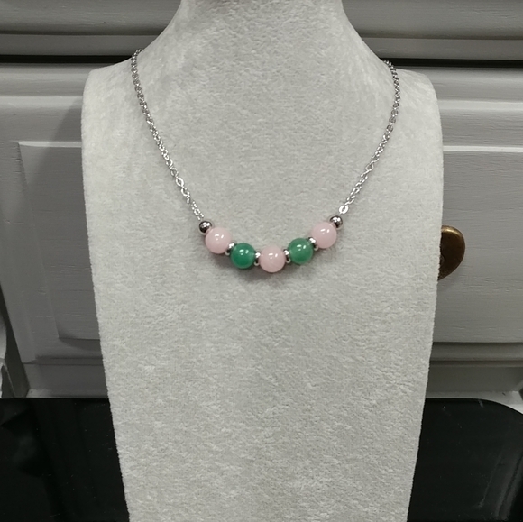 Rose Quartz Aventurine Beaded Necklace Natural Gemstone Crystal Stainless-Steel - Picture 6 of 14